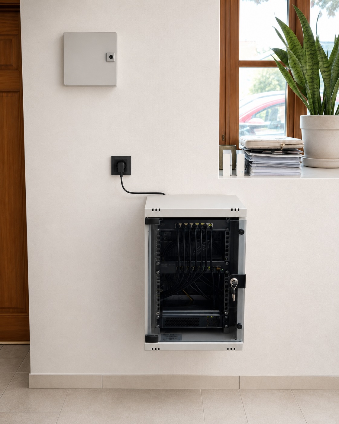 Wandmontierter Netzwerkschrank mit Switch und Patchfeld in einem Betrieb