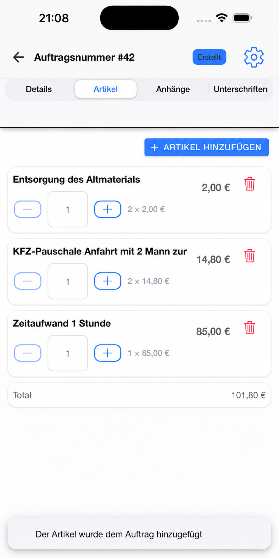 Craftforce Auftrag am Smartphone mit Artikelpositionen, Mengen und Summe