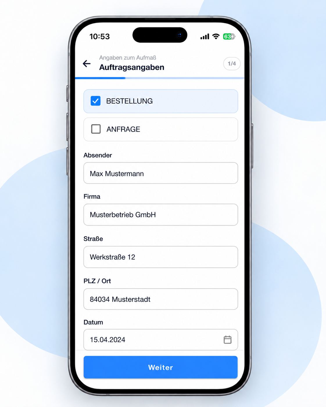 Craftforce Mobile App mit geführten Auftragsangaben für ein digitales Aufmaß