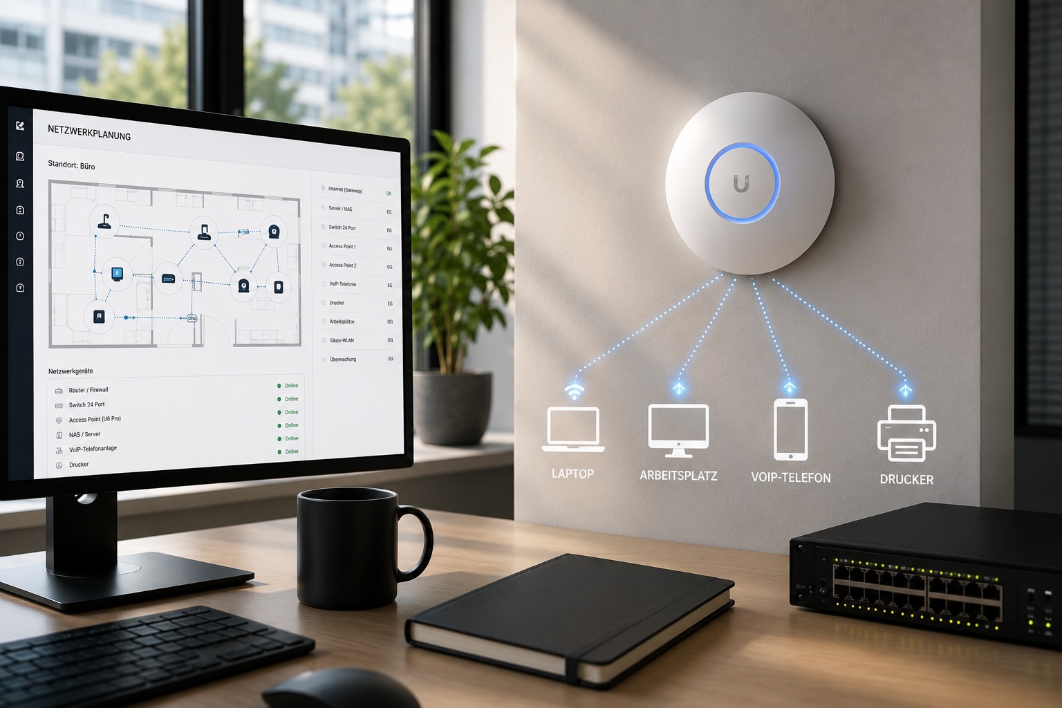 Netzwerkplanung am Bildschirm mit Access Point, Switch und angebundenen Arbeitsplätzen