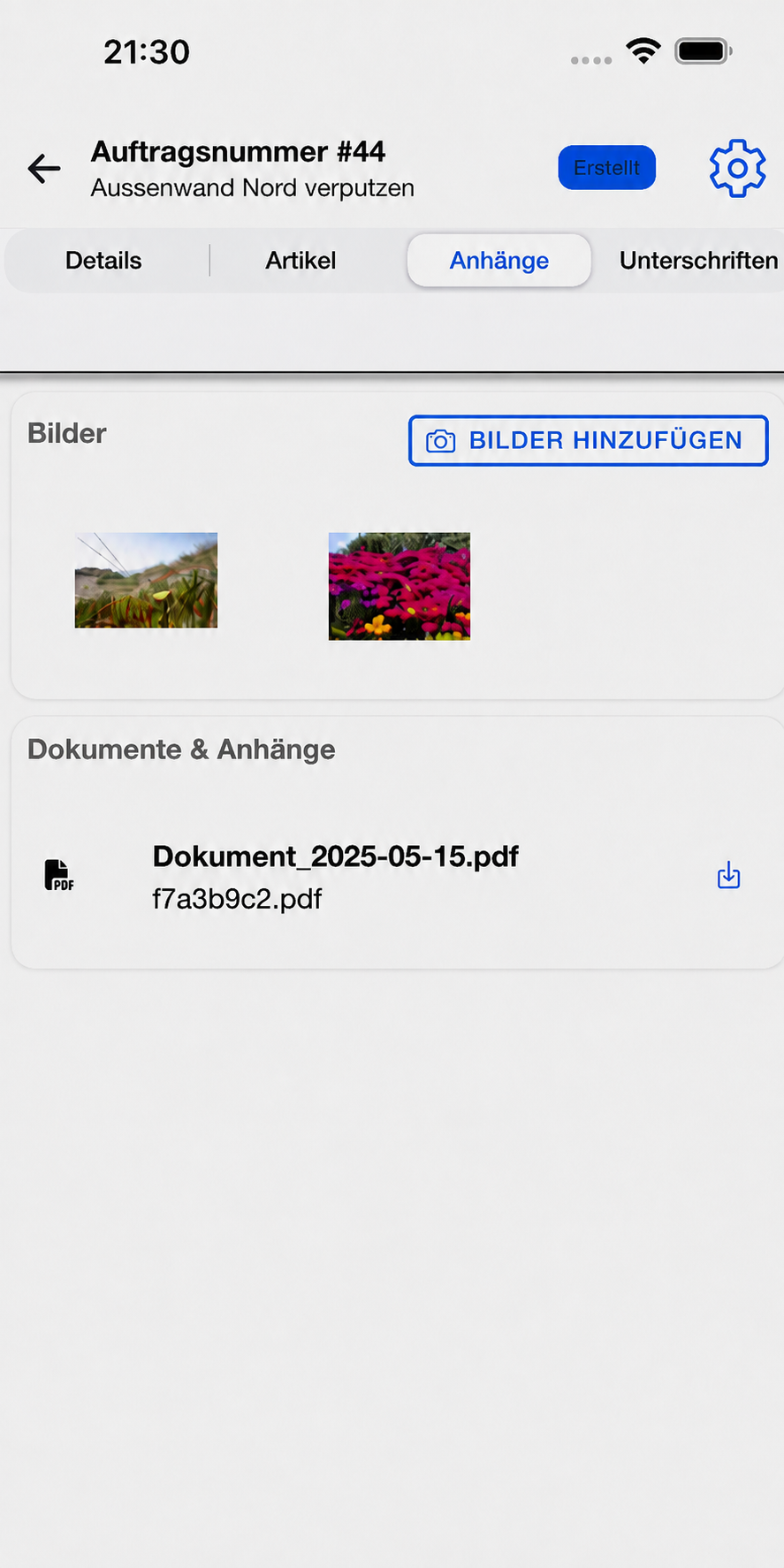 Craftforce Auftrag am Smartphone mit angehängten Fotos und einem PDF-Dokument