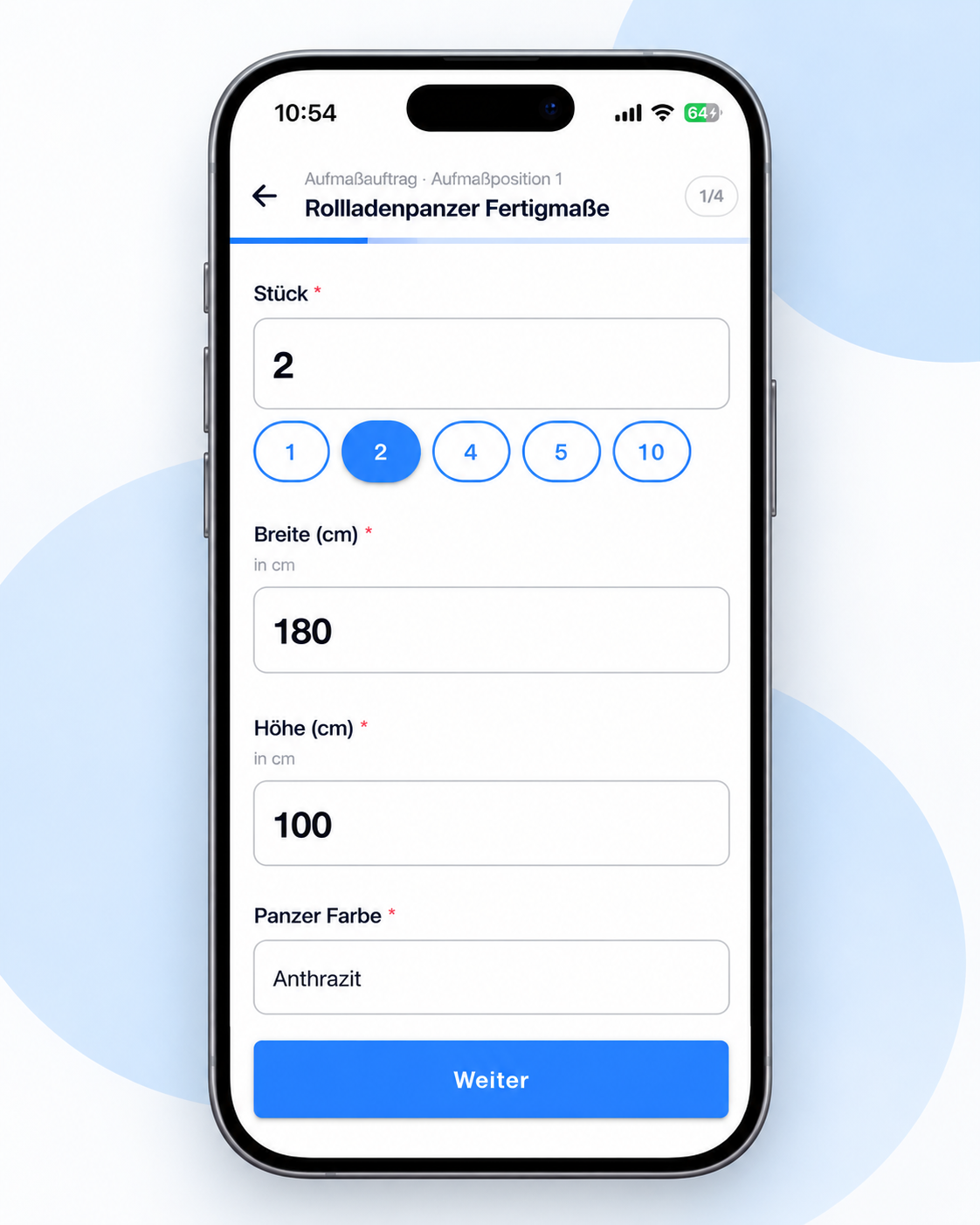 Craftforce Mobile App zur strukturierten Erfassung von Stückzahl, Breite, Höhe und Farbe einer Aufmaßposition