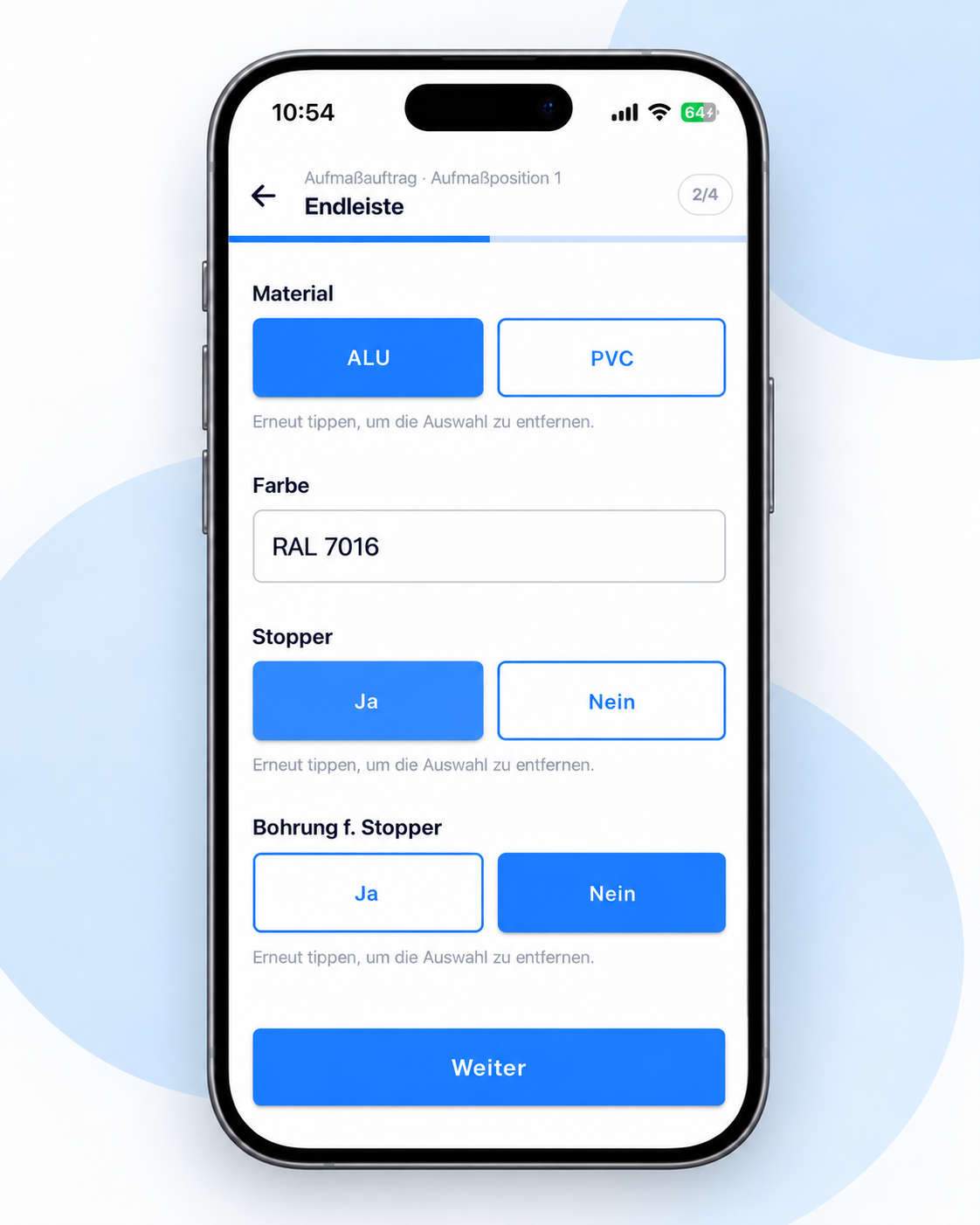 Craftforce Mobile App mit Auswahl von Material und Ausführung einer Aufmaßposition