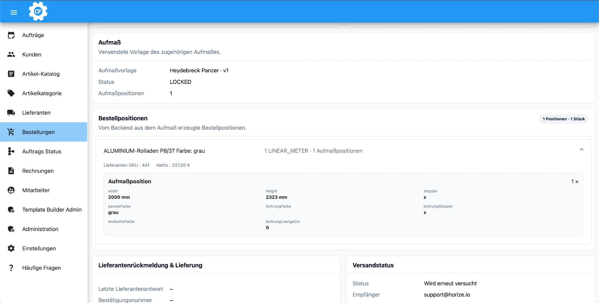 Craftforce Web-Anwendung: aus dem Aufmaß erzeugte Bestellpositionen mit Maßen, Lieferanten-SKU und Versandstatus